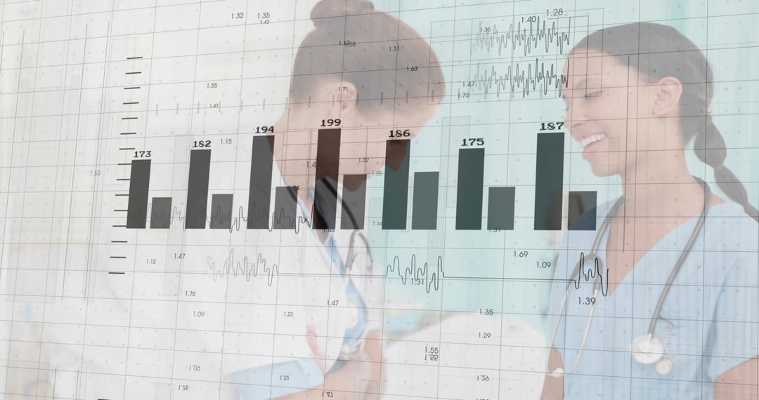 Female Doctors Analyzing Medical Data Overlay in Clinical Corridor