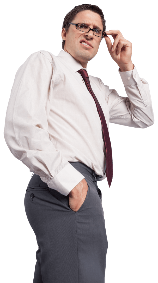 Confused Businessman Adjusting Glasses on Transparent Background
