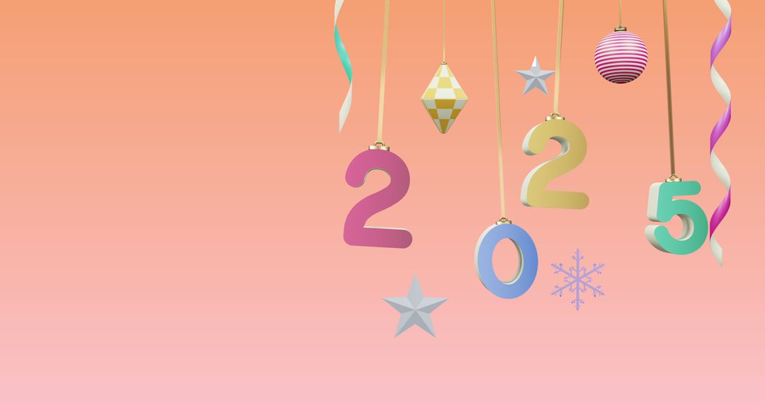Colorful 2025 hanging ornaments pink background