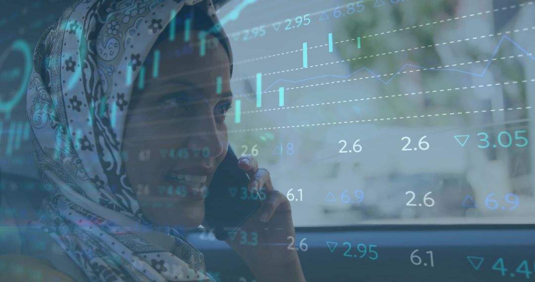 Businesswoman in headscarf engages in mobile finance conversation