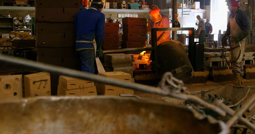 Workers in Industrial Foundry Pouring Molten Metal in Molds - Free Images, Stock Photos and Pictures on Pikwizard.com