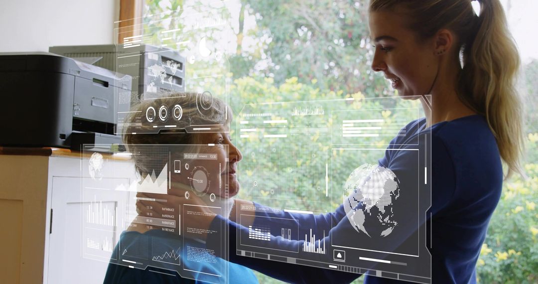 Caregiver assisting senior in home office with digital HUD overlay technology and health data