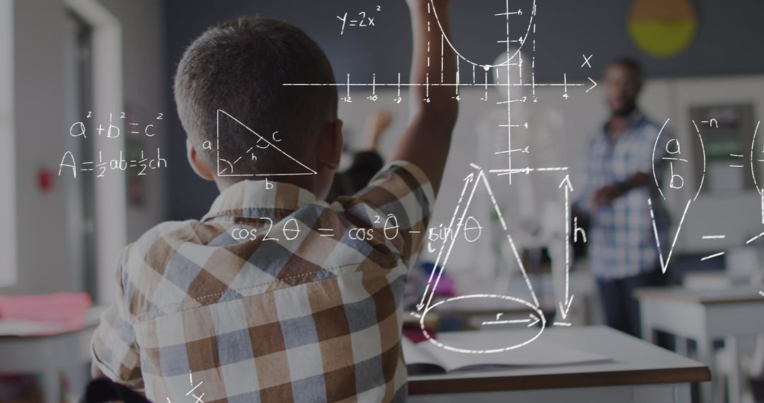Engaged Classroom with Math Equations and Diverse Teacher