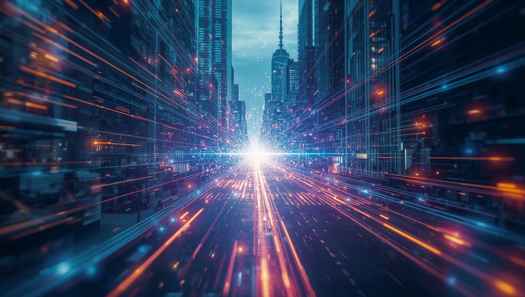 Futuristic Cyberpunk City with Neon Lights and Data Streaks