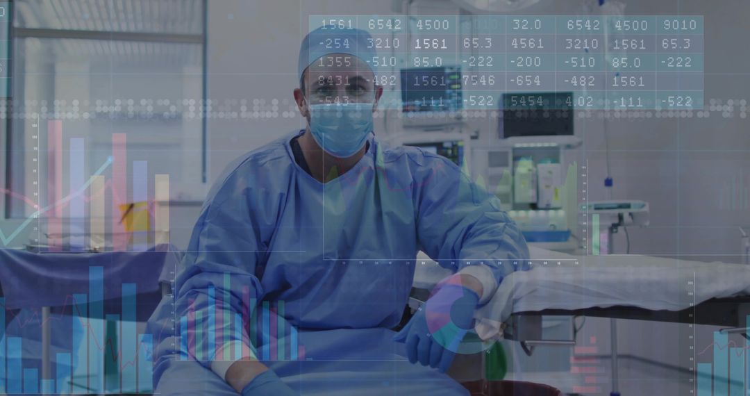 Surgeon in Blue Scrubs with Digital Data Overlay in Operating Room