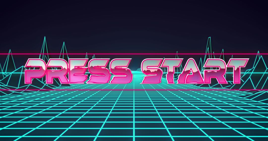 Retro Futuristic Press Start Neon Design with Digital Landscape