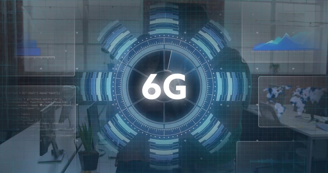 6G holographic network HUD hovering over open-plan office team collaborating on visual data