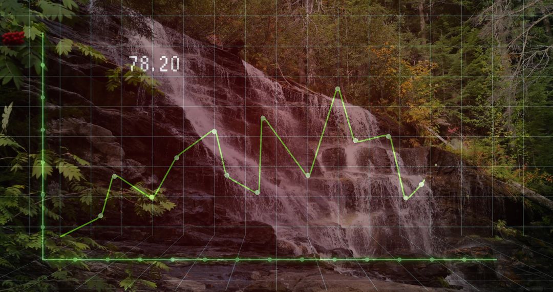 Waterfall with Data Visualization Overlay in Forest Gorge