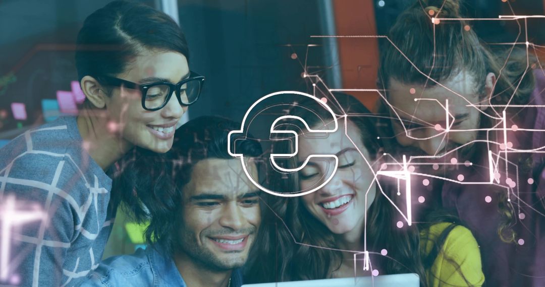 Startup team collaborating over laptop with augmented reality cryptocurrency overlay