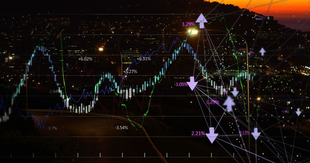 Financial Data Patterns over Cityscape at Dusk with Business Indicators