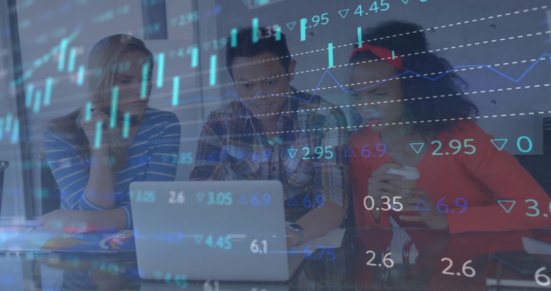 Team of Professionals Analyzing Stock Trends with Digital Data Overlay