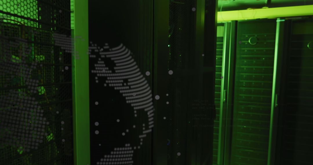 Futuristic Data Center with Digital Globe Overlay