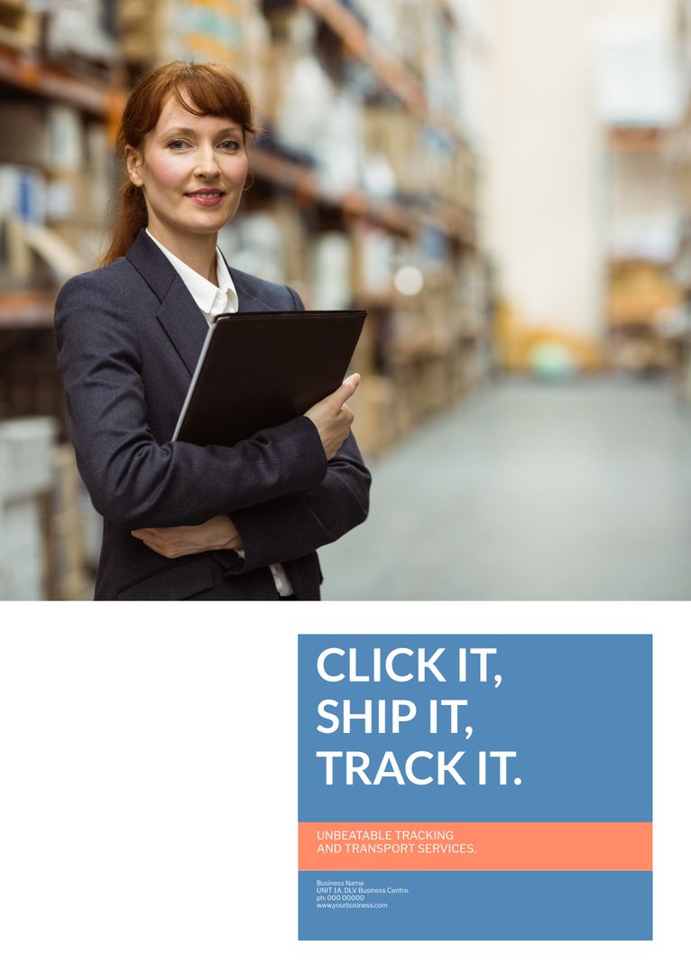 Confident Businesswoman in Warehouse Highlighting Logistic Efficiency