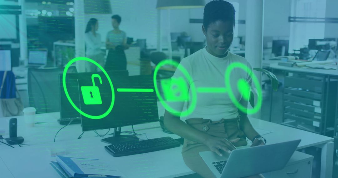 African American Businesswoman Using Laptop with Digital Security Interface