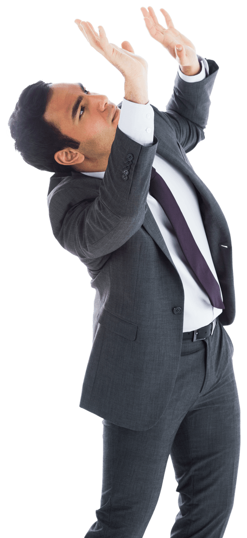 Asian Businessman Looking Up with Arms Raised on Transparent Background