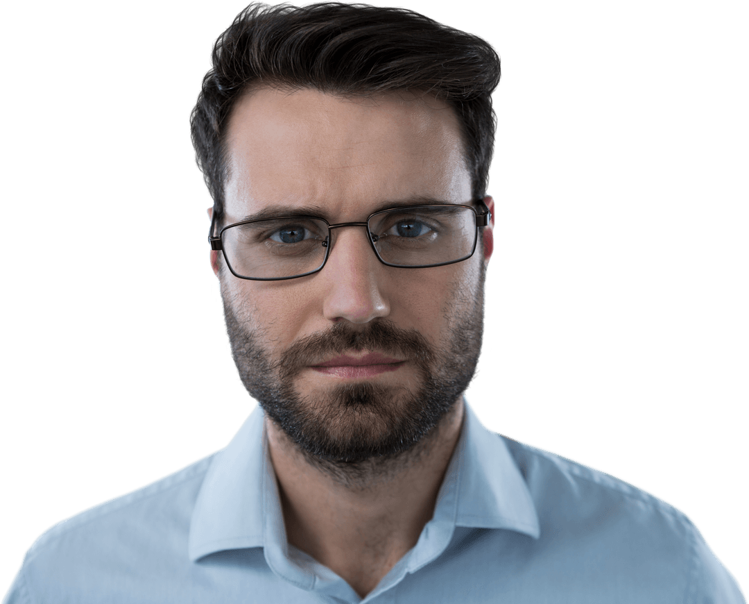 Transparent Background Professional Man with Glasses Looking Pensive