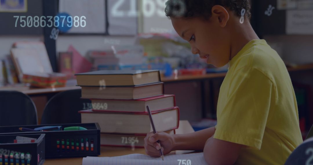 Focused Schoolboy Writing Surrounded by Floating Numbers