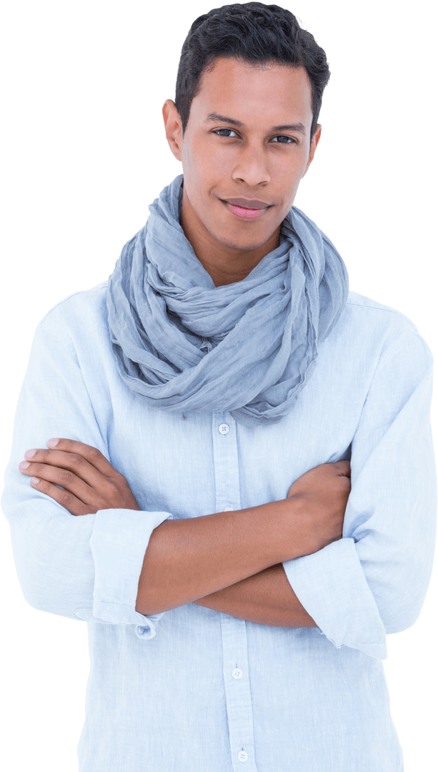 Confident Young Man with Scarf Arms Crossed Transparent Background