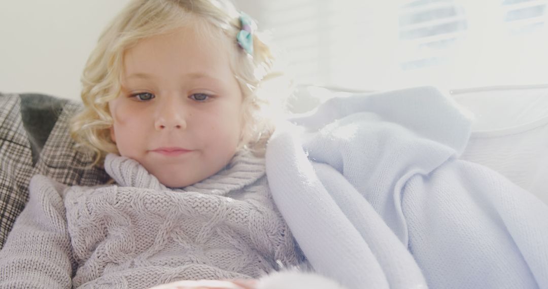 Serene Child Relaxing in Cozy Blanket Bright Setting