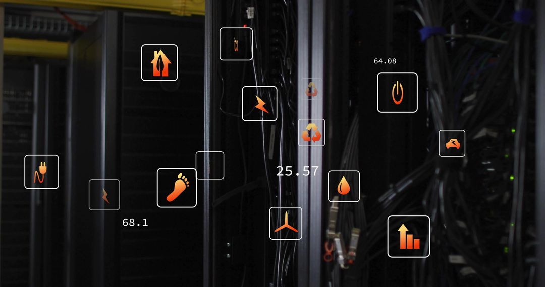 High-Tech Data Center with Visual Overlay Icons and Performance Metrics