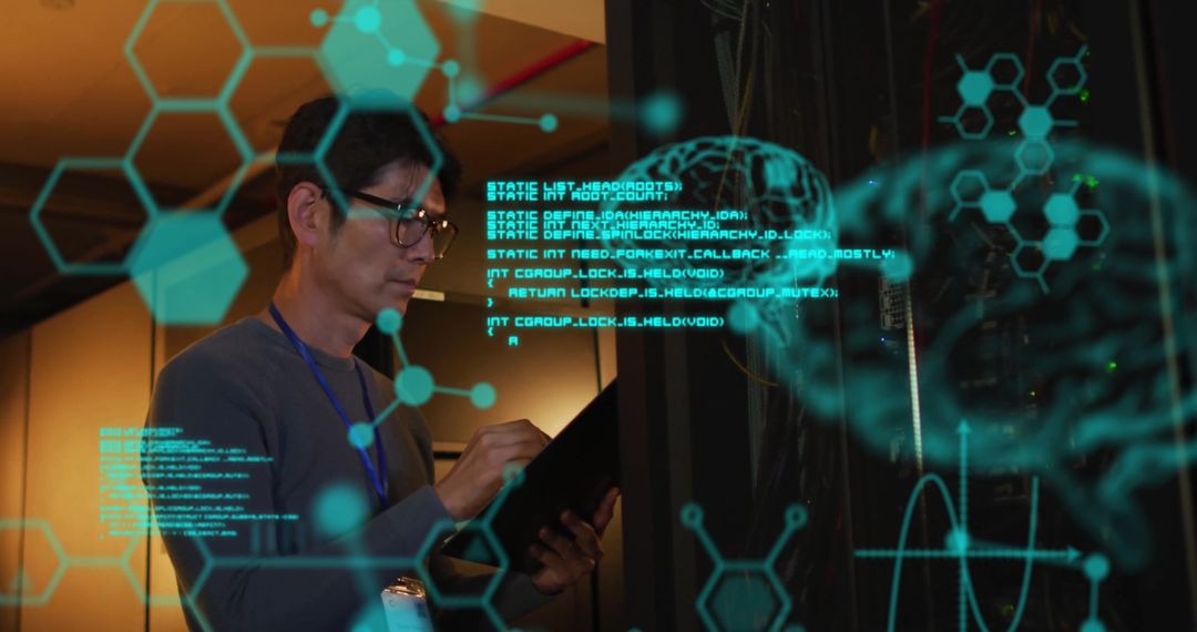 Data Analyst Using Digital Tablet in Server Room with Futuristic Graphics
