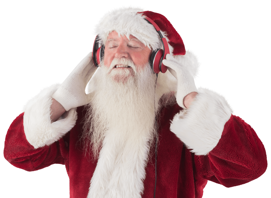 Smiling Santa Claus Listening to Music with Headphones on Transparent Background