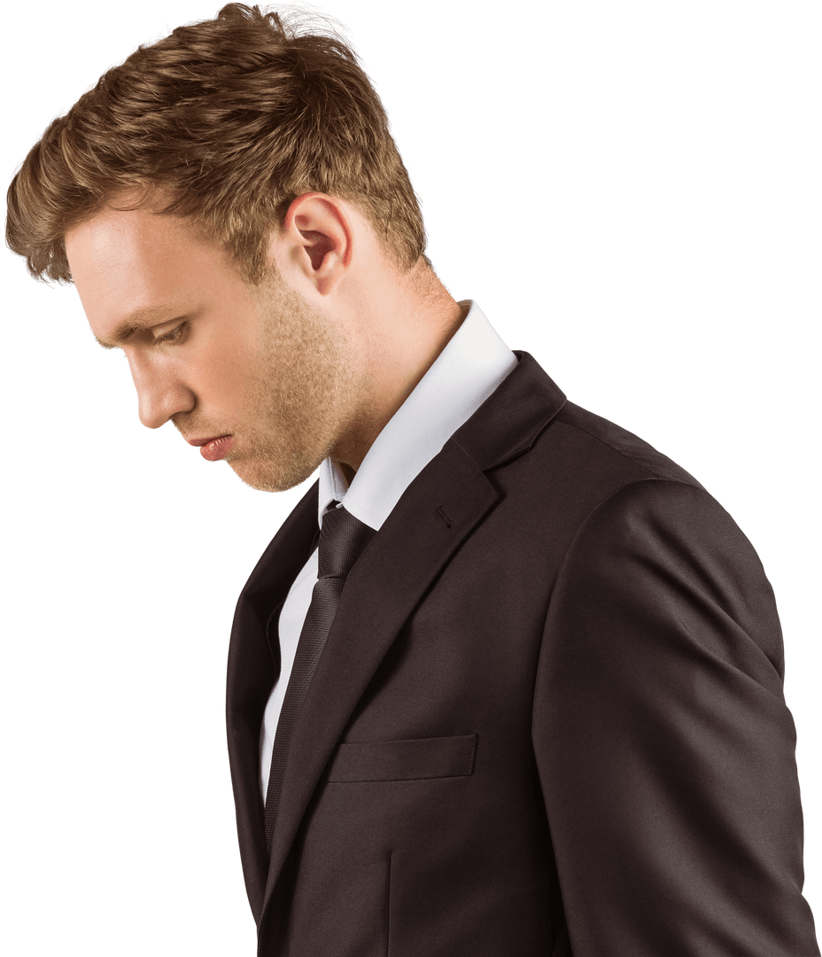 Young Handsome Businessman Looking Down on Transparent Background