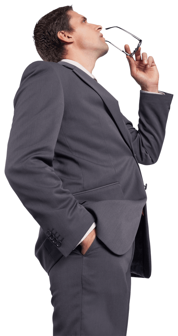 Transparent Businessman Holding Glasses Deep in Thought