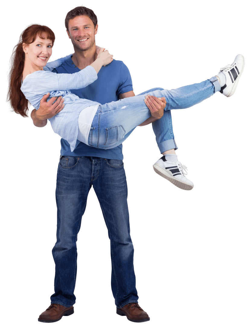 Happy Couple Smiling While Man Lifts Woman in Casual Clothes on Transparent Background
