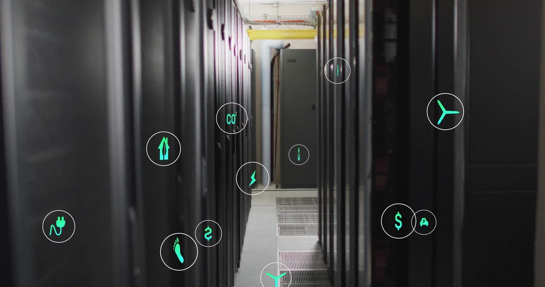 Eco Icons Floating Around Data Servers in Server Farm