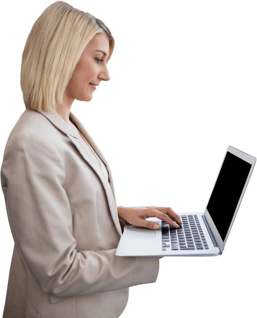 Transparent Background: Businesswoman Using Laptop in Profile