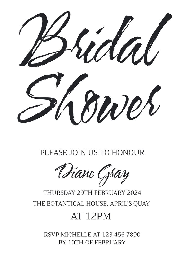 Elegant Bridal Shower Invitation with Black Script Text on White Background - Download Free Stock Templates Pikwizard.com