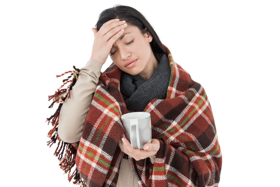 Transparent Background Sick Woman with Migraine Holding Cup