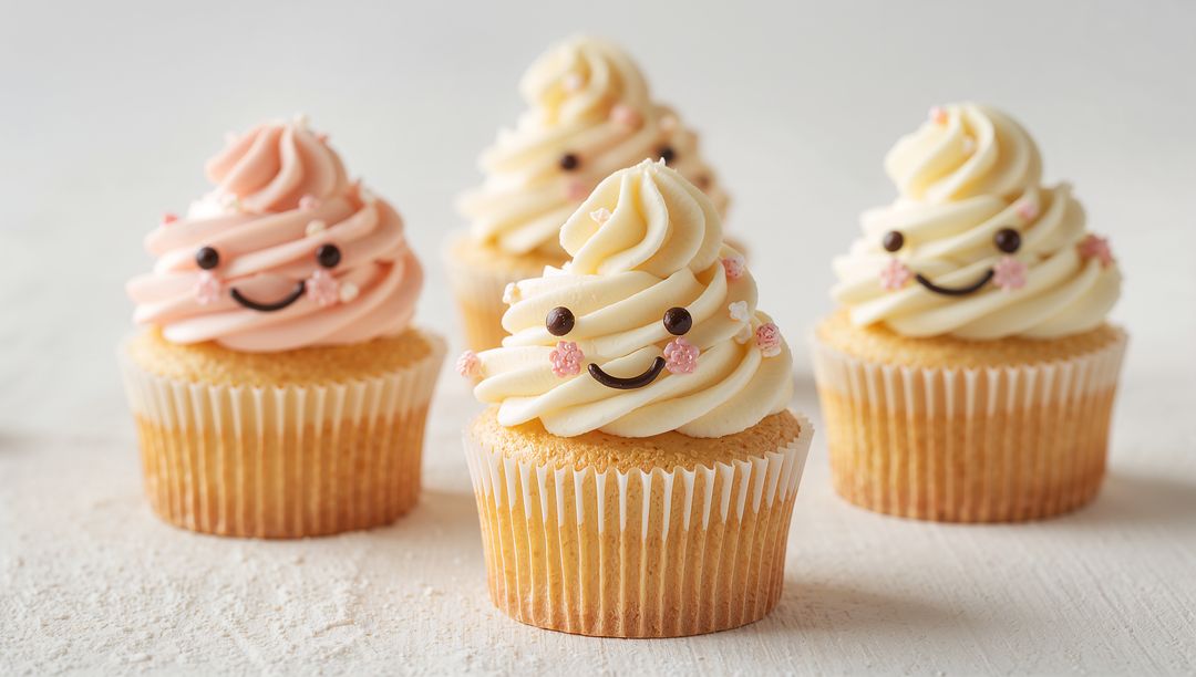 Whimsical Smiling Vanilla Cupcakes Featuring Tall Buttercream Swirls and Candy Eyes
