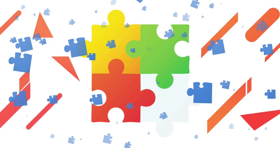 Colorful Puzzle Pieces Amidst Dynamic Shapes Indicate Teamwork