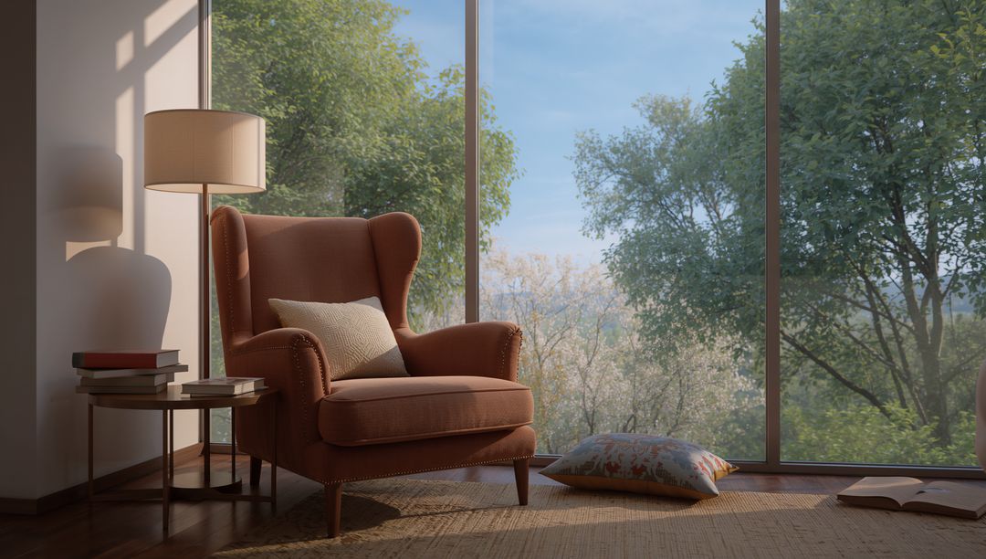 Sunlit Rust Wingback Chair in Reading Nook with Floor-to-Ceiling Windows and Green View