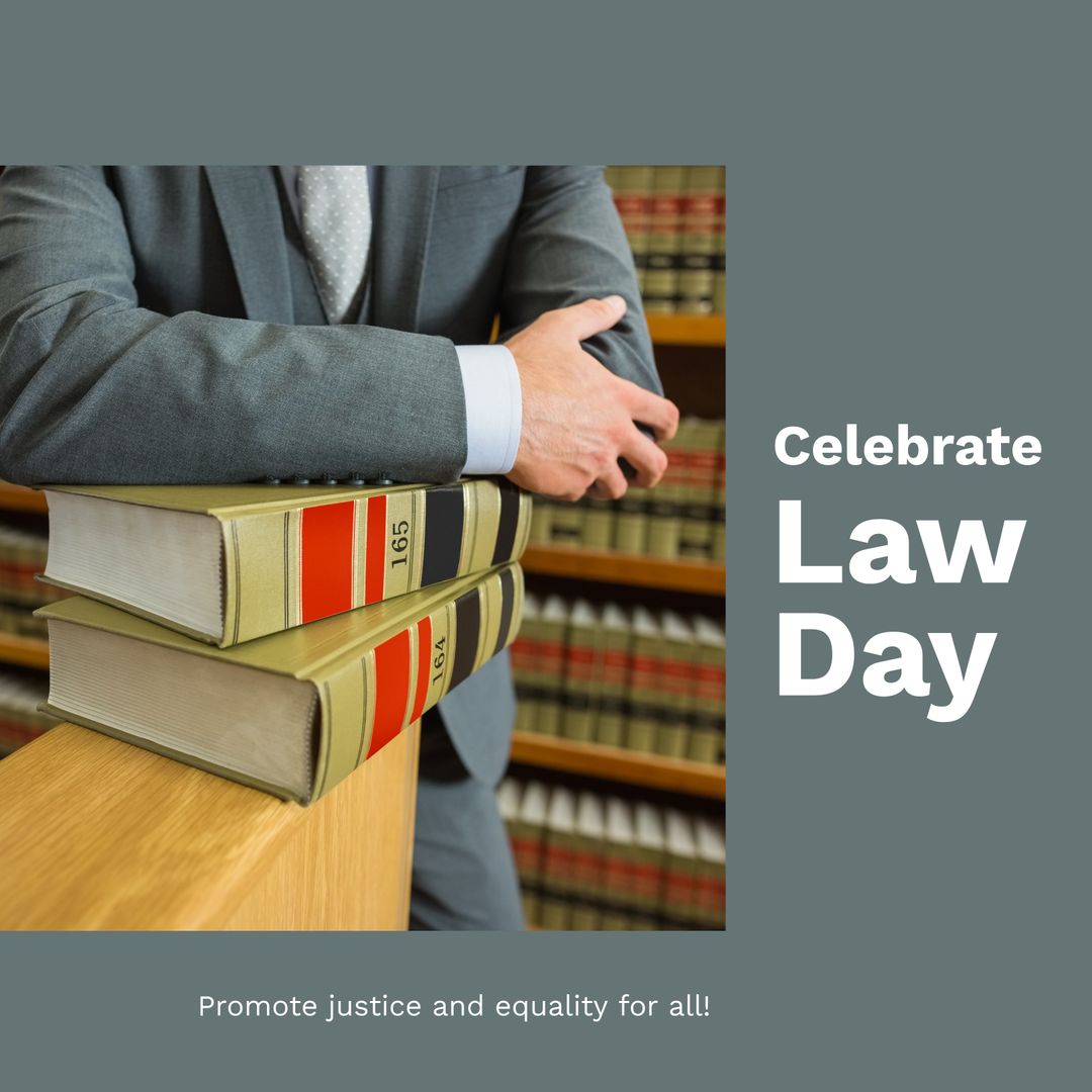 Lawyer Leaning on Books Celebrating Law Day in Library