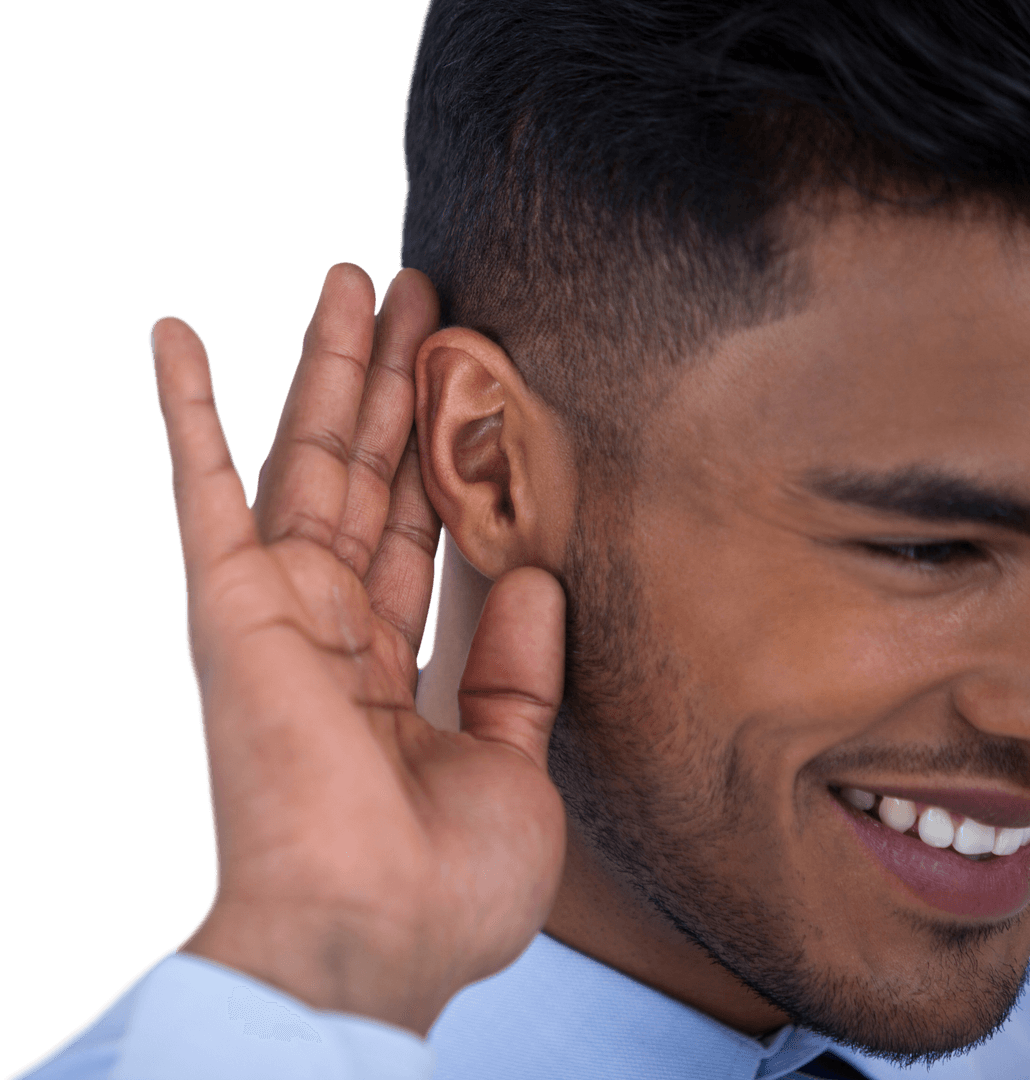 Transparent Businessman Listening Hand to Ear Gesture Smiling