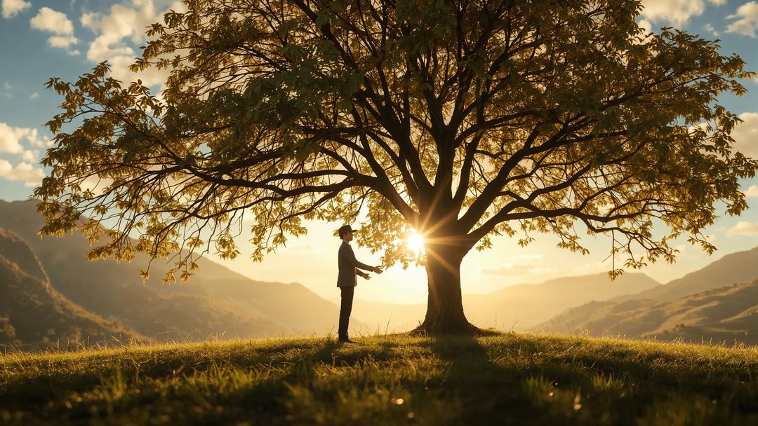 Man in Suit Standing by Enchanting Tree on Hill at Sunrise