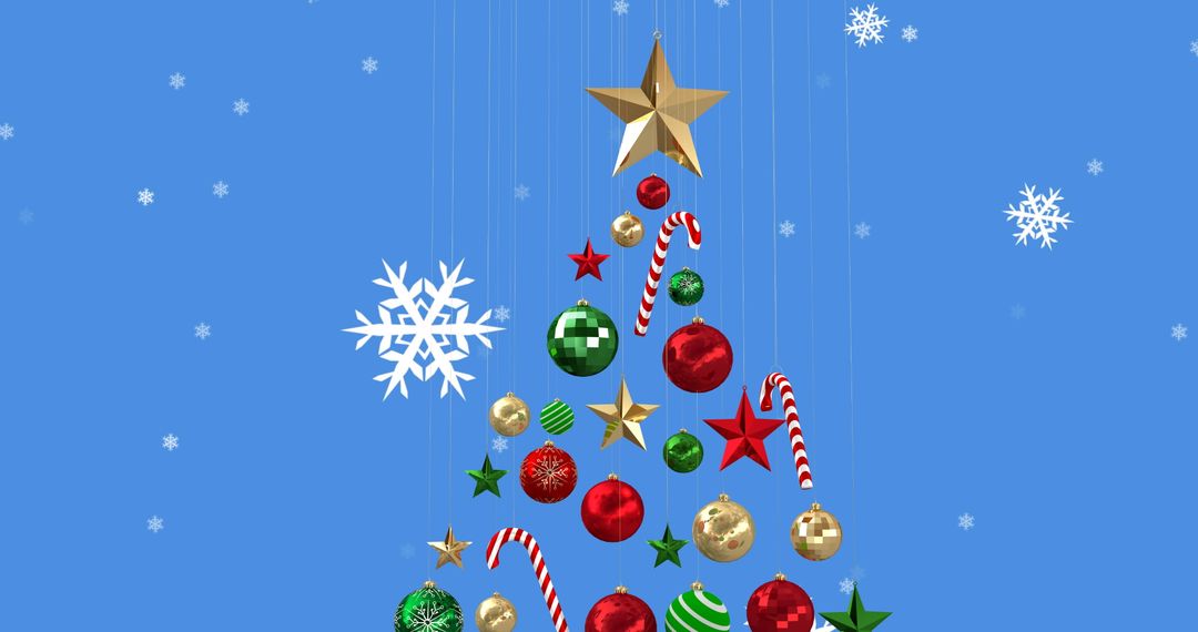 Festive Christmas Tree with Ornaments and Falling Snowflakes