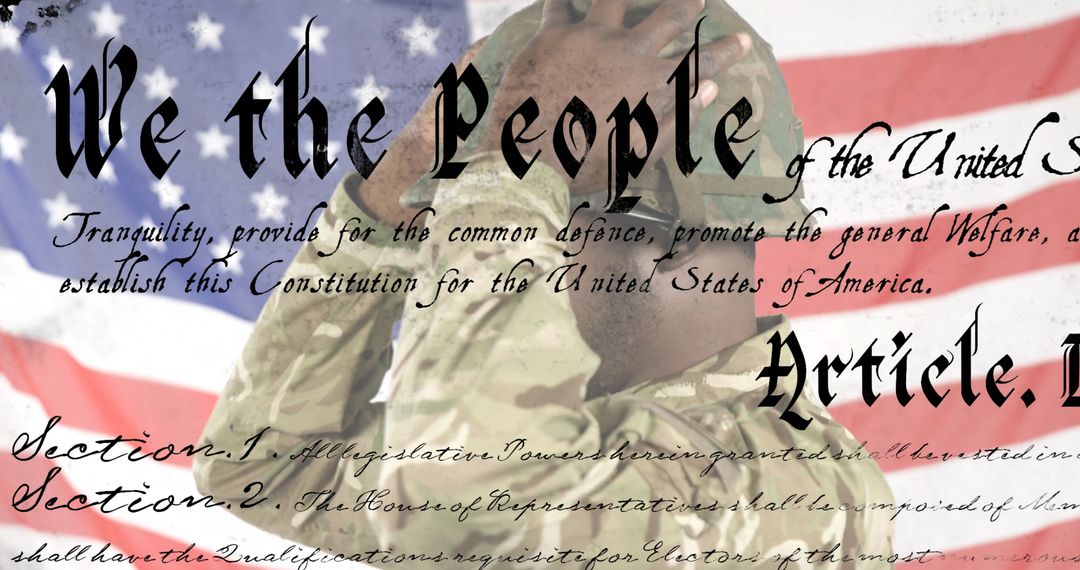 Soldier Saluting with US Flag and Constitution Overlay