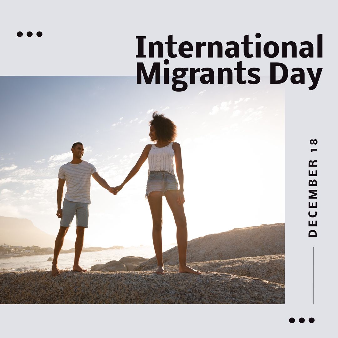 Couple Holding Hands on Rocky Seashore for Migrants Day