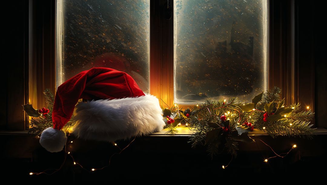 Santa Hat Resting on Frosted Windowsill with Holly Garland and Warm String Lights