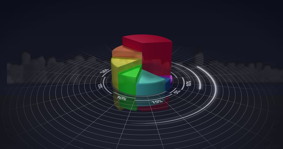 3D Colorful Pie Chart Over Digital Cityscape Background