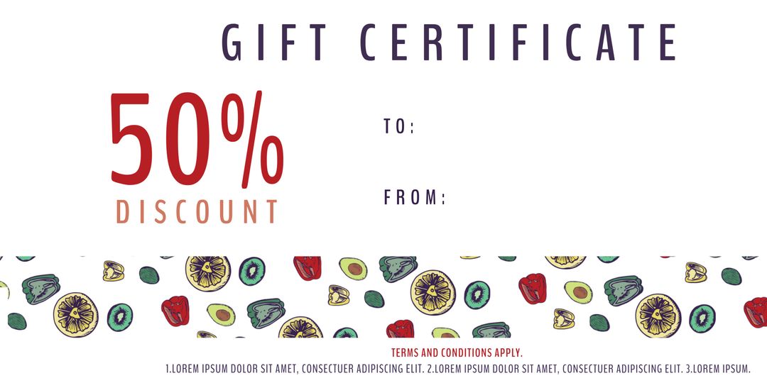 50 percent Off Food-Themed Gift Certificate with Colorful Fruit Border - Download Free Stock Templates Pikwizard.com