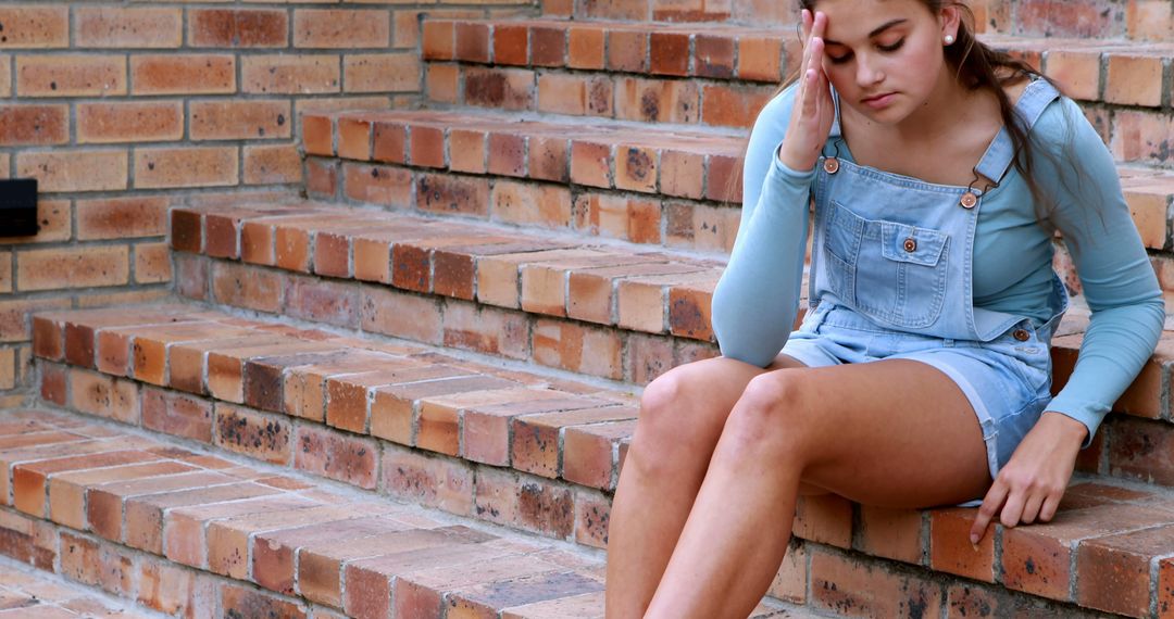 Teen Girl Sitting on Brick Steps Looking Stressed with Copy Space - Free Images, Stock Photos and Pictures on Pikwizard.com