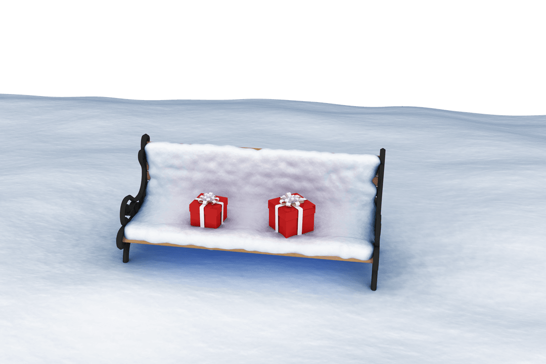 Transparent Winter Bench with Red Presents on Snow