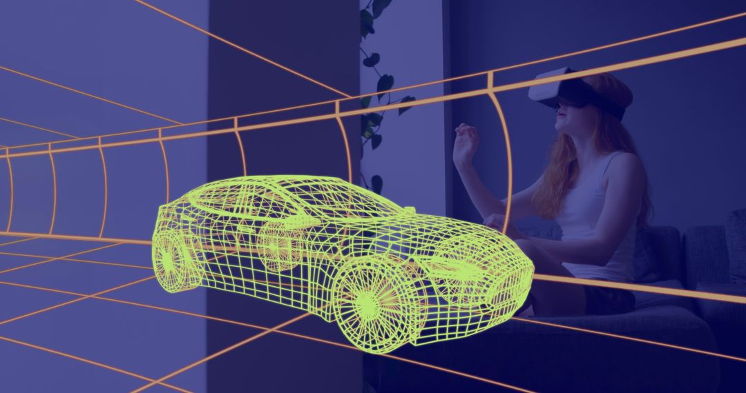 Woman Using VR Headset with 3D Car Model Projection