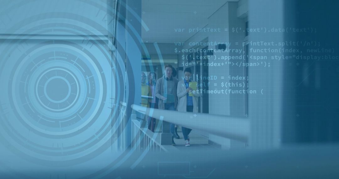 Colleagues Walking Through Modern Office Corridor with Futuristic HUD Interface Overlay