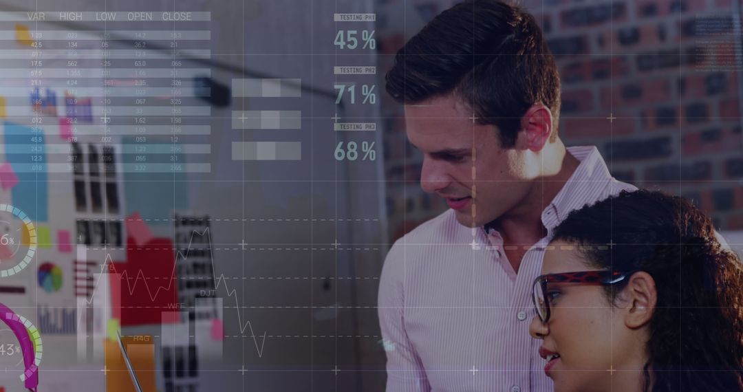 Business Professionals Analyzing Data with Digital Graphics Overlay